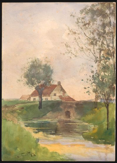 Schilderijen te koop van kunstschilder WC Rip huisje in landschap bij  brug en boerensloot. aquarel, linksonder gesigneerd, Expositie Galerie Wijdemeren Breukeleveen