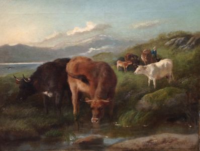 Kunst te koop bij Galerie Wijdemeren van kunstschilder George William Horlor Koeien aan de waterkant olie op doek, 45 x 60 cm