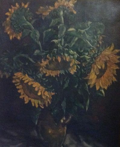 Schilderijen te koop, stillevens, stilleven met zonnebloemen olie op doek, ongesigneerd, Expositie Galerie Wijdemeren Breukeleveen