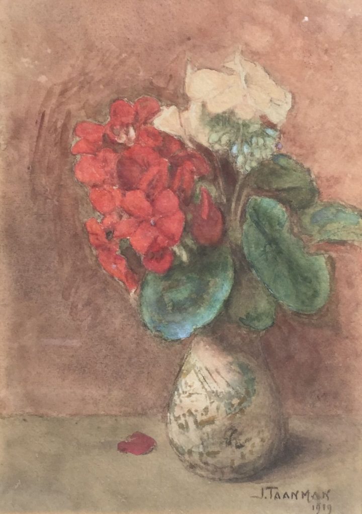 A5065 Jacob Taanman bloemstilleven met geraniums krijttekening rechtsonder gesigneerd en gedateerd 1919