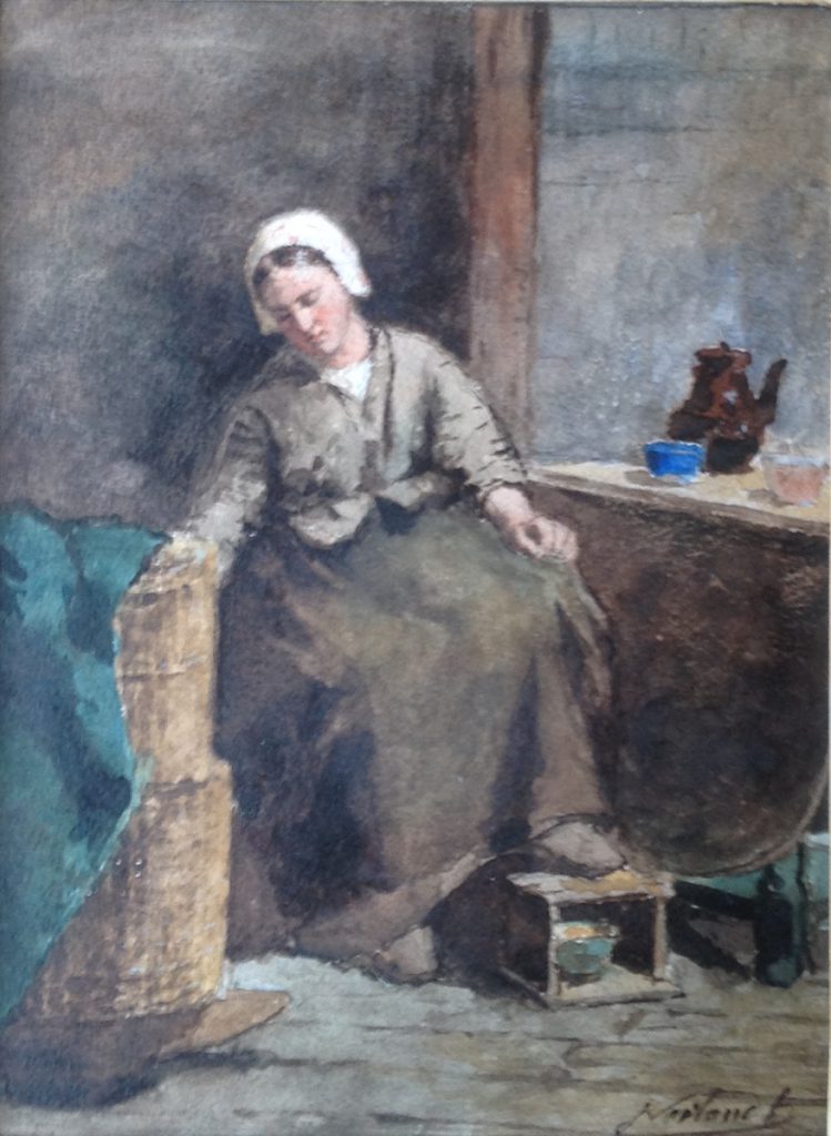 A7678 Johannes Weiland Jonge vrouw in keuken interieur Aquarel, beeldmaat 20 x 14.8 cm lijstmaat 31.5 x 26 cm rechtsonder gesigneerd in Paul Gehring lijst met lijst