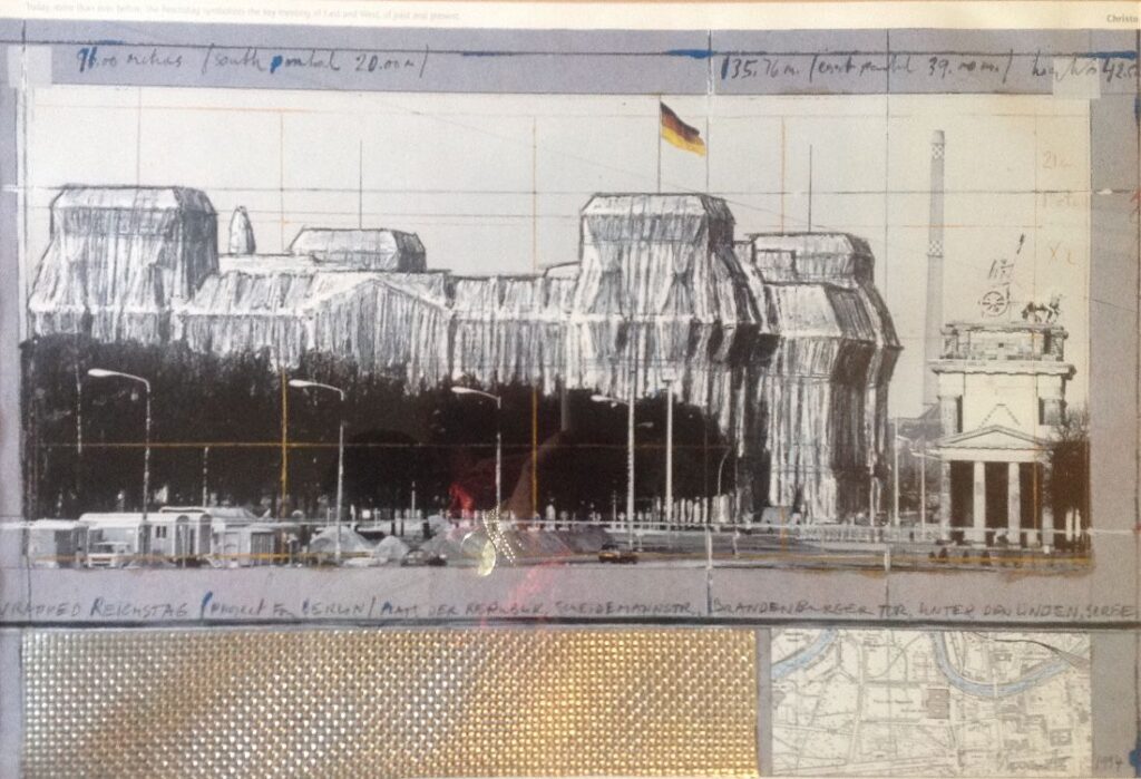 schilderijen te koop van kunstschilder, Christo Wrapped Reichtag Tekening, collage, 1994 verkocht, expositie, galerie wijdemeren breukeleveen