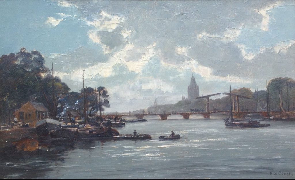 schilderijen te koop van kunstschilder, Nico Cevat stad aan de rivier olie op paneel, paneelmaat 29 x 48 cm rechtsonder gesigneerd, expositie, galerie wijdemeren breukeleveen