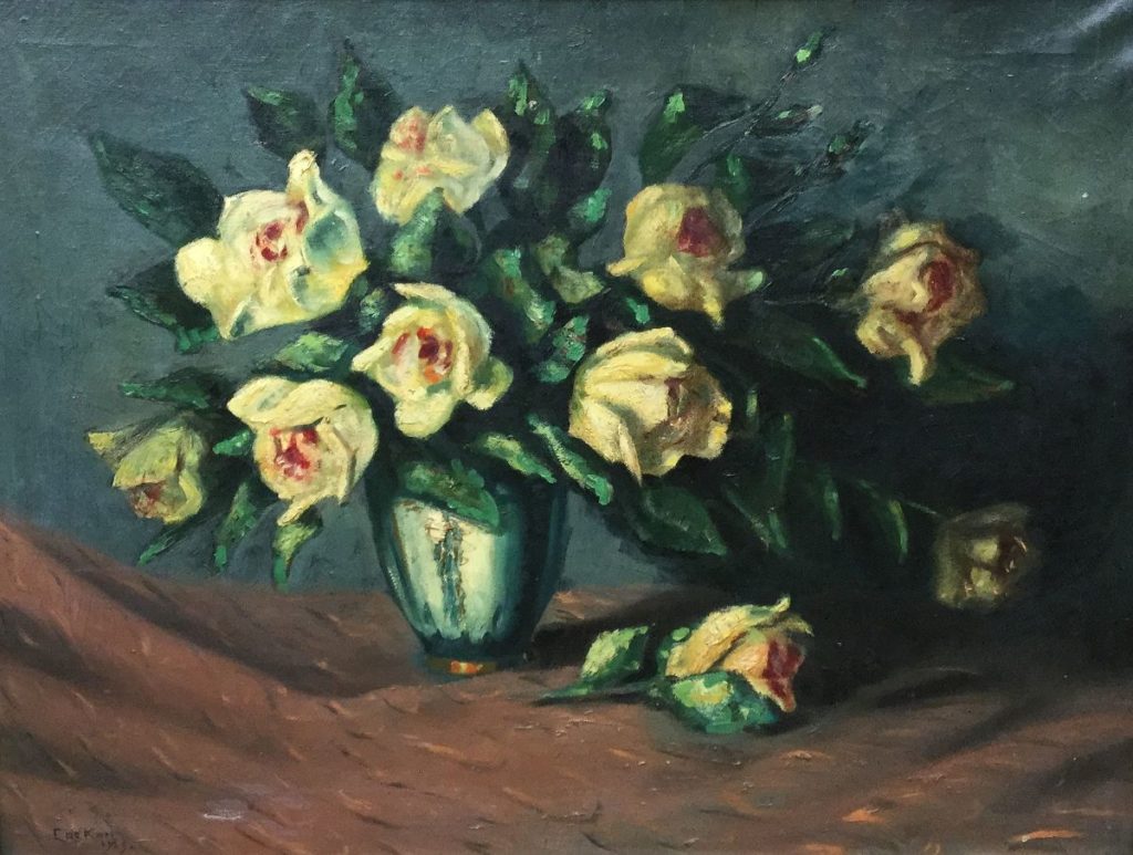 Schilderijen te koop van kunstschilder C. de Kort bloemstilleven met rozen olie op doek, doekmaat 61 x 81 cm linksonder gesigneerd en gedateerd 1929, Expositie Galerie Wijdemeren Breukeleveen