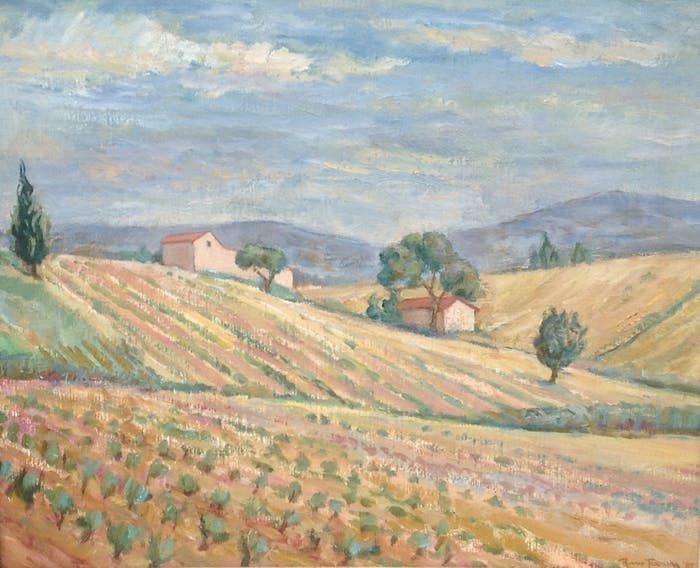 B2039 Ronald Terpstra Frans landschap olie op doek, doekmaat 50 x 60 cm lijstmaat 66,5 x 76.5 cm rechtsonder gesigneerd, gedateerd 80