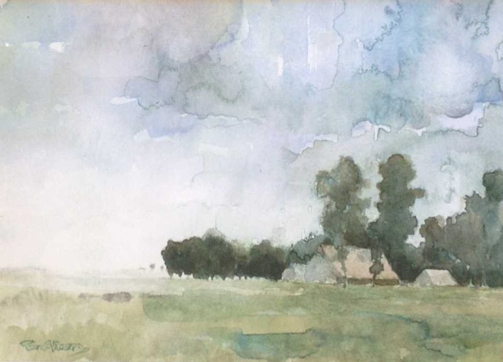 Schilderijen te koop, kunstschilder Ton Albers Polderlandschap aquarel op papier, beeldmaat 28 x 38 cm linksonder gesigneerd, Expositie Galerie Wijdemeren Breukeleveen