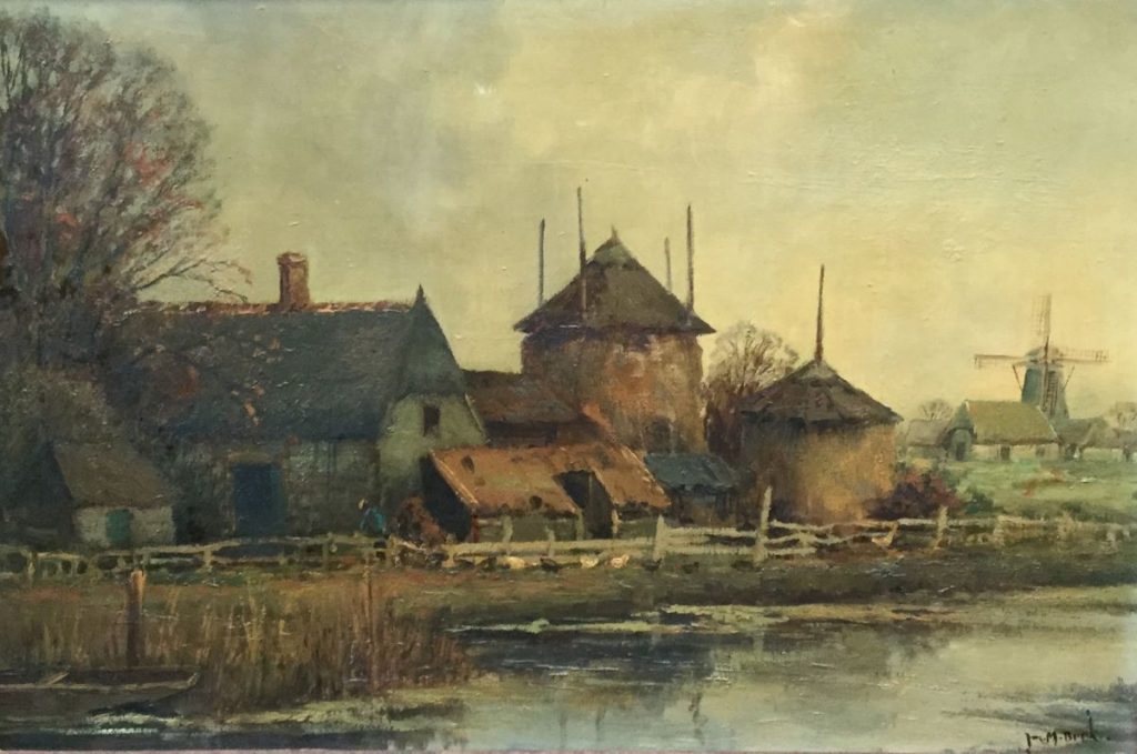 Kunst te koop bij Galerie Wijdemeren van Juriaen Marinus van Beek Boerderijgezicht met molen langs de vaart olie op doek, doekmaat 40 x 60.5 cm rechtsonder gesigneerd
