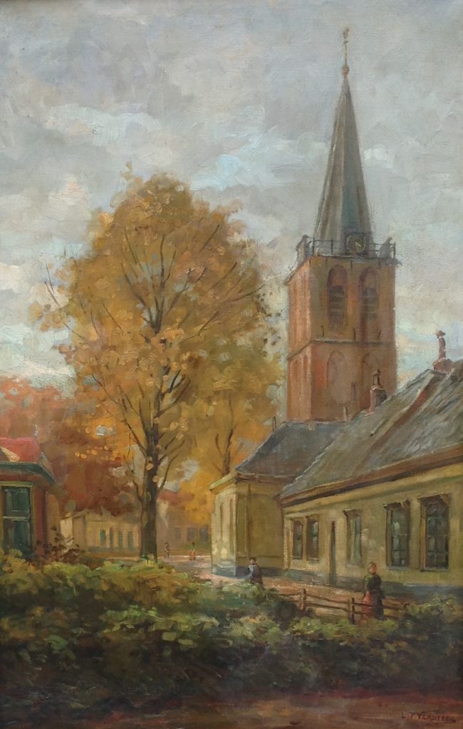 schilderijen te koop van kunstschilder, Leonard Pieter Versteeg Kerk in het centrum van Hilversum, Torenstraat olie op doek, doekmaat 60.5 x 40 cm rechtsonder gesigneerd, expositie, galerie wijdemeren breukeleveen