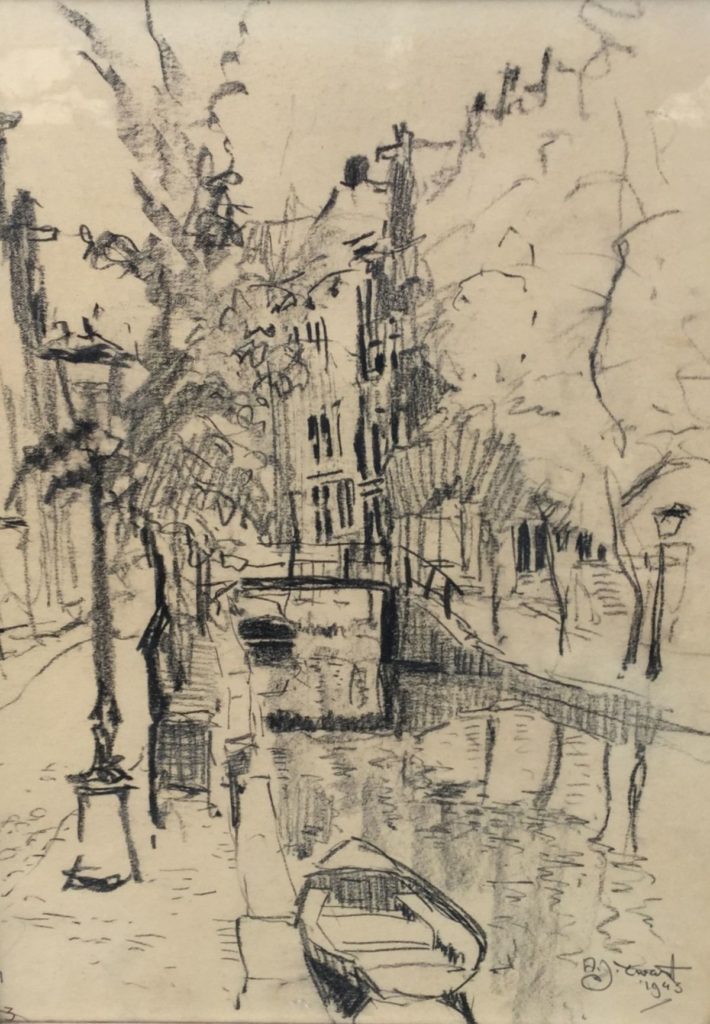 Schilderijen te koop van kunstschilder A.J. Zwart stadsgracht houtskooltekening, beeldmaat 34.5 x 25.5 cm rechtsonder gesigneerd en gedateerd 1943, Expositie Galerie Wijdemeren Breukeleveen