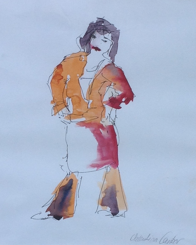 schilderijen te koop van kunstschilder, Valentina Cantor Lady in orange aquarel op papier, beeldmaat 34 x 27 cm linskonder gesigneerd, expositie, galerie wijdemeren breukeleveen