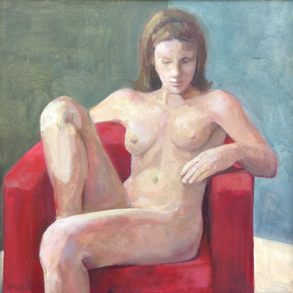 schilderijen te koop van kunstschilder, Valentina Cantor Girl in the Red Chair Olie op doek, doekmaat 60 x 60 cm Linksonder gesigneerd, expositie, galerie wijdemeren breukeleveen