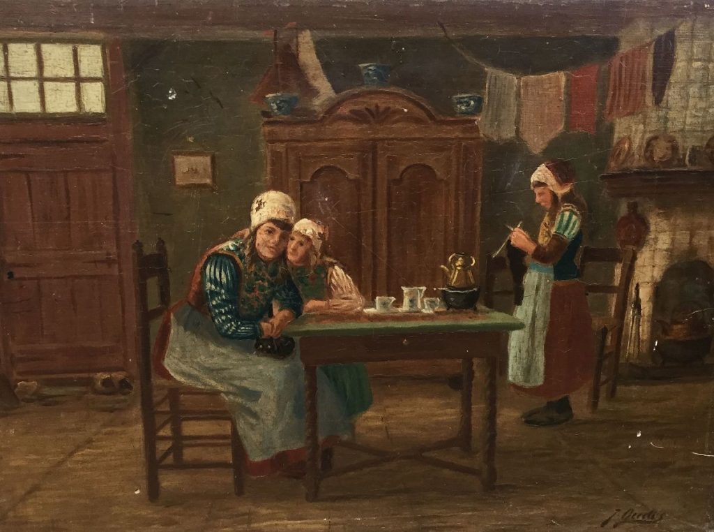 Schilderijen te koop van kunstschilder Jacob Oudes Interieur met dames aan tafel Olie op paneel, paneelmaat 23,5 x 32,5 cm rechtsonder gesigneerd, Expositie Galerie Wijdemeren Breukeleveen