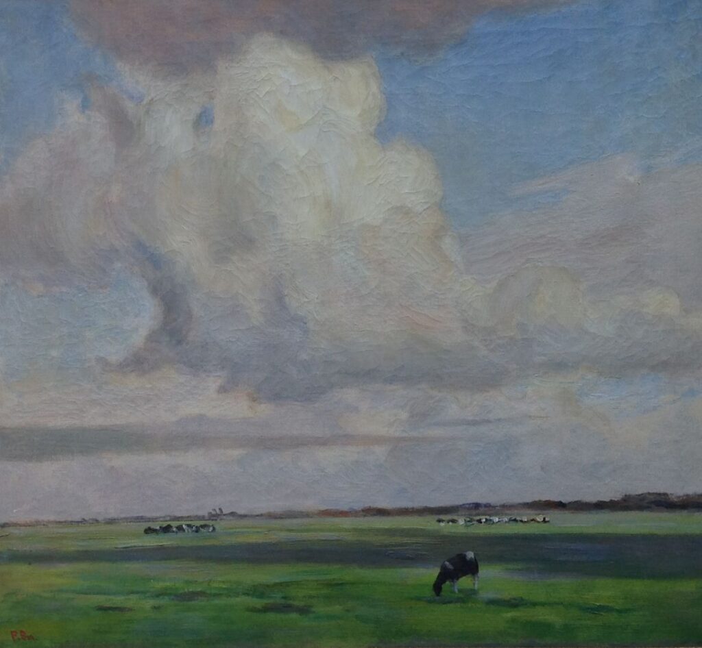 Schilderijen te koop van kunstschilder Frans Smisseart Koeien in een weids landschap Olie op doek, 39 cm x 45.5 cm linksonder gesigneerd F.Smissaert, Expositie Galerie Wijdemeren Breukeleveen
