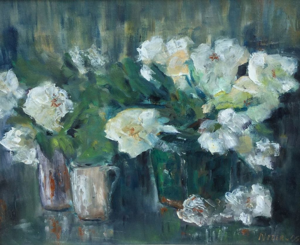 Kunst te koop, stilleven met bloemen maroufle, paneelmaat 47 x 56 cm rechtsonder gesigneerd en gedateerd 05 gesigneerd 