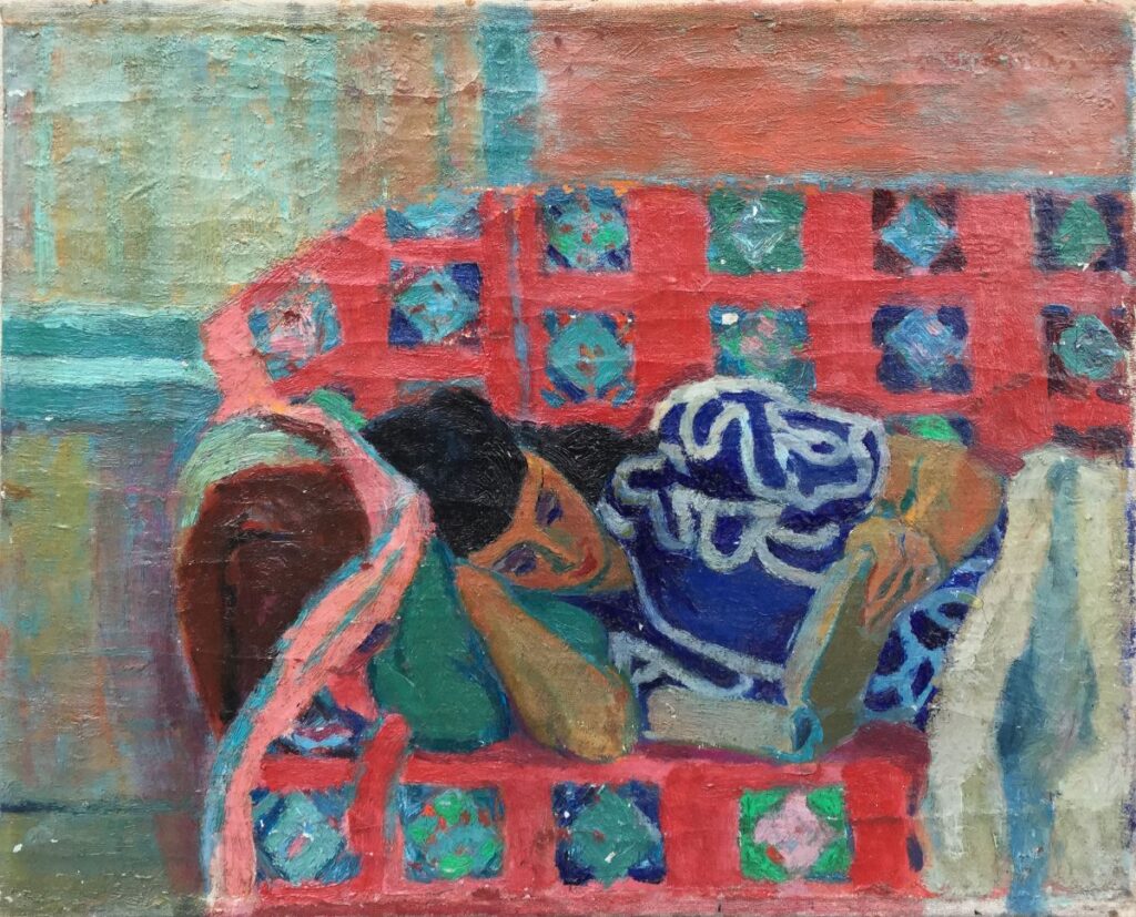 schilderijen te koop van kunstschilder, Bob Buys lezende vrouw op sofa olie op doek, doekmaat 40 x 50 cm rechtsboven gesigneerd, expositie, galerie wijdemeren breukeleveen