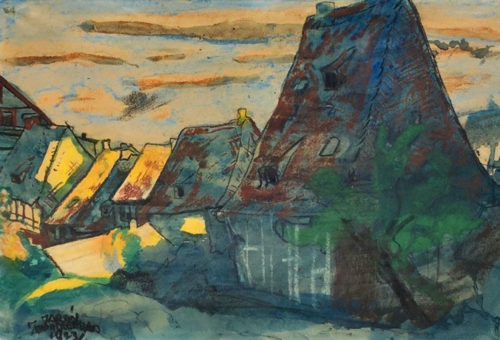 Kunst te koop bij galerie Wijdemeren van kunstschilder Martin Monnickendam Dorp in ochtendgloren pastel op papier, 26 x 38 cm linksonder gesigneerd en gedateerd 1923
