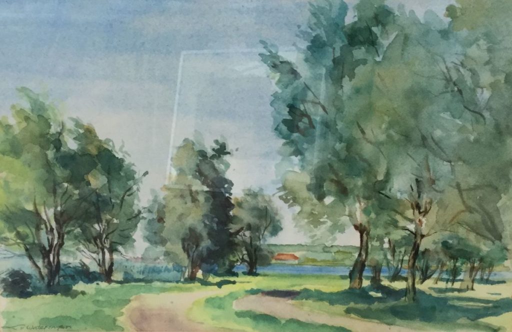 C3573-9 L. van Wateringen Park aan het water aquarel, beeldmaat 28,5 x 44 cm lijstmaat 46 cm x 60 cm linksonder gesigneerd