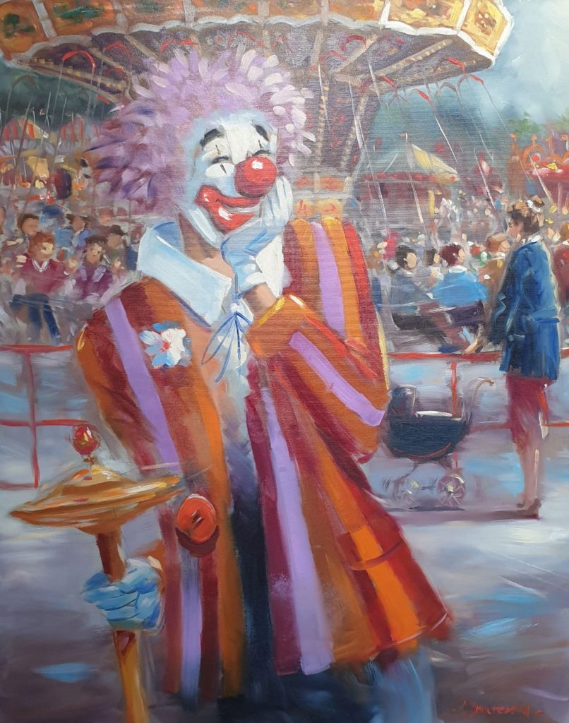 Schilderijen te koop,Clown op kermis olie op doek, gesigneerd, Expositie Galerie Wijdemeren Breukeleveen
