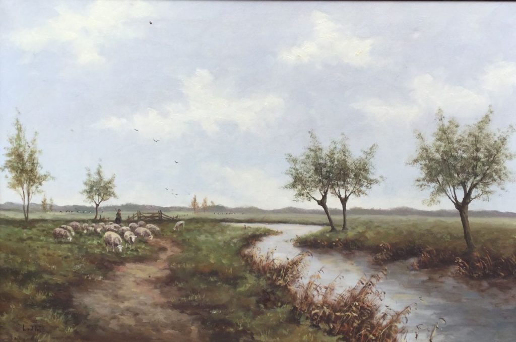 Arend van der Pol Polderlandschap met schaapjes olie op doek, doekmaat 60 x 90 cm lijstmaat 75.5 x 105.5 cm linksonder gesigneerd