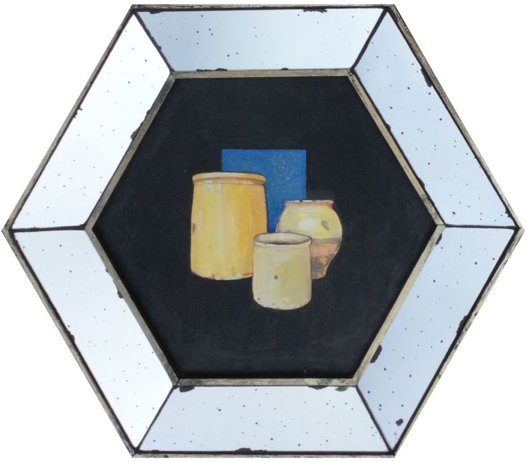 Schilderijen te koop, kunstschilder Ruud van der Neut Stilleven met drie potten, Frans, 19e eeuw olie op paneel, paneelmaat 32 x 36 cm (hexagon), verso gesigneerd, expositie Galerie Wijdemeren Breukeleveen