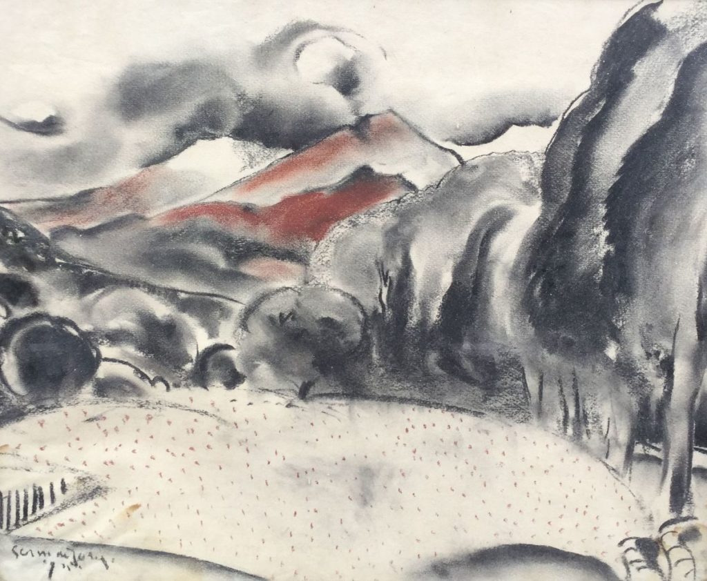 Schilderijen te koop, Germ de Jong krijttekening op papier berglandschap met bomen, Galerie Wijdemeren