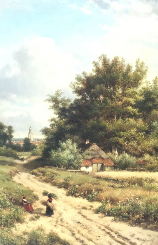 Schilderijen te koop van kunstschilder L.J.Kleijn Landweg met figuren en Cunera toren Rhenen olie op doek, doekmaat 100 x 50 cm gesigneerd rechtsonder, Expositie Galerie Wijdemeren Breukeleveen