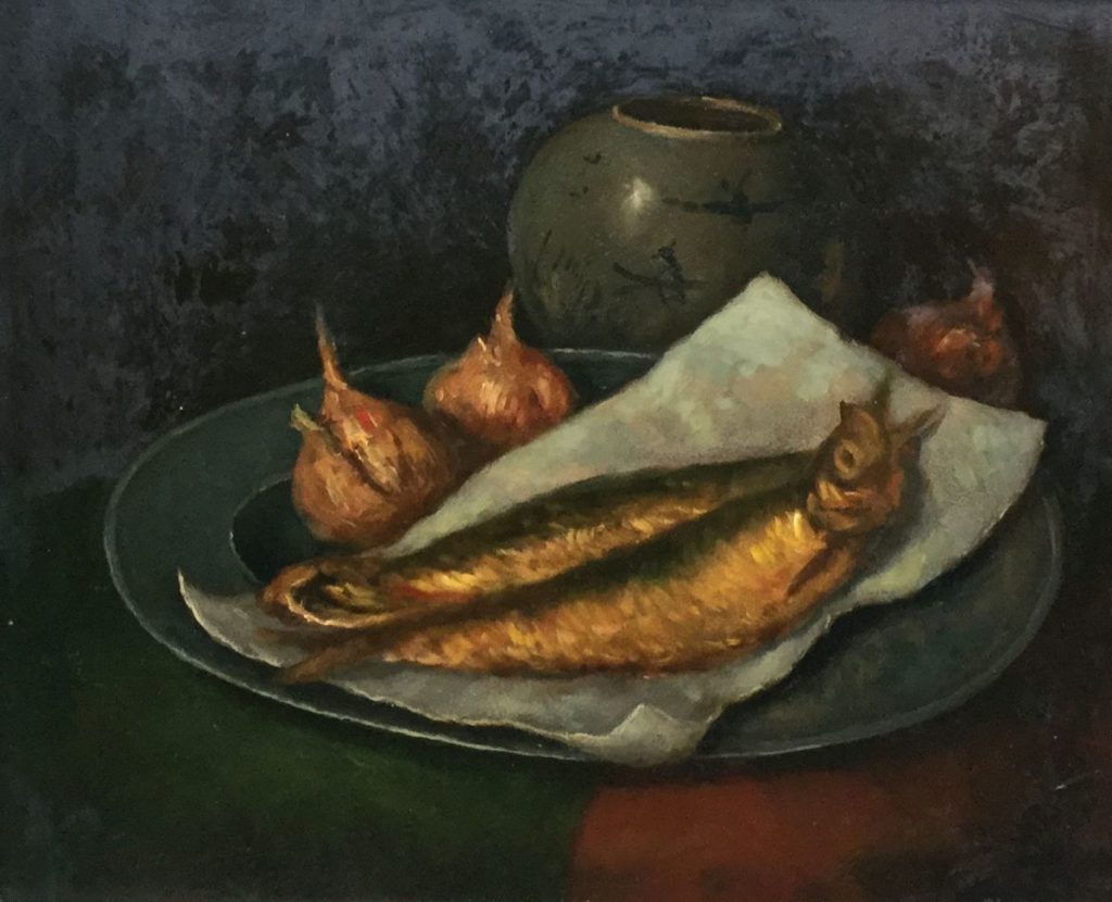 Schilderijen te koop, kunstschilder Roel Wildeboer Stilleven met vissen en uien olie op paneel, 36 x 43.5 cm linksonder gesigneerd, expositie Galerie Wijdemeren Breukeleveen