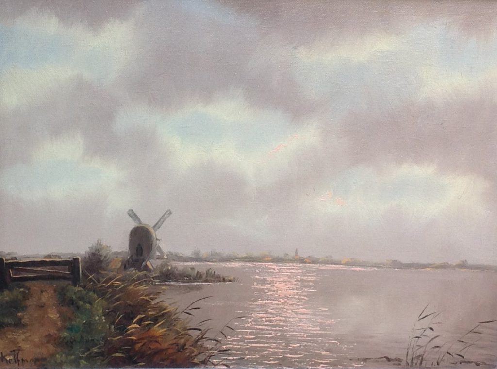 C423 Johannes Schelfman Landschap met molen Olieverf op doek, beeldmaat: 30 cm x 40 cm Linksonder gesigneerd, galerie wijdemeren breukeleveen