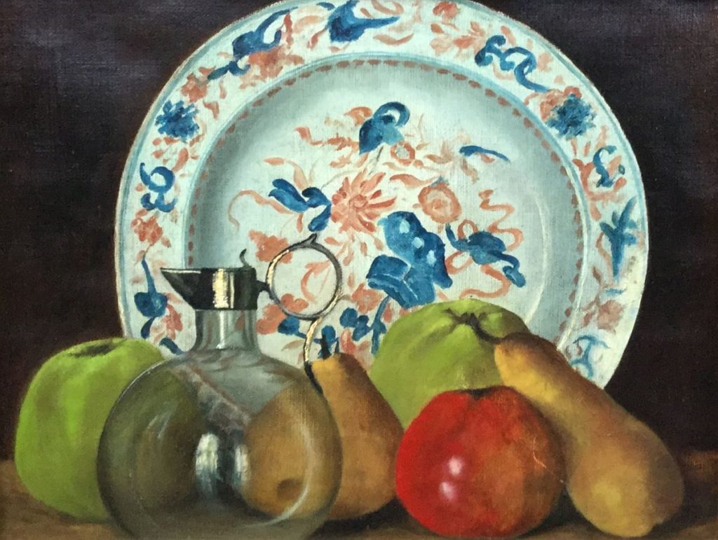 Schilderijen te koop, stillevens, Stilleven met fruit, parfumflesje en bord Marouflé op karton, kartonmaat 25,4 x 32,5 cm, Expositie Galerie Wijdemeren Breukeleveen