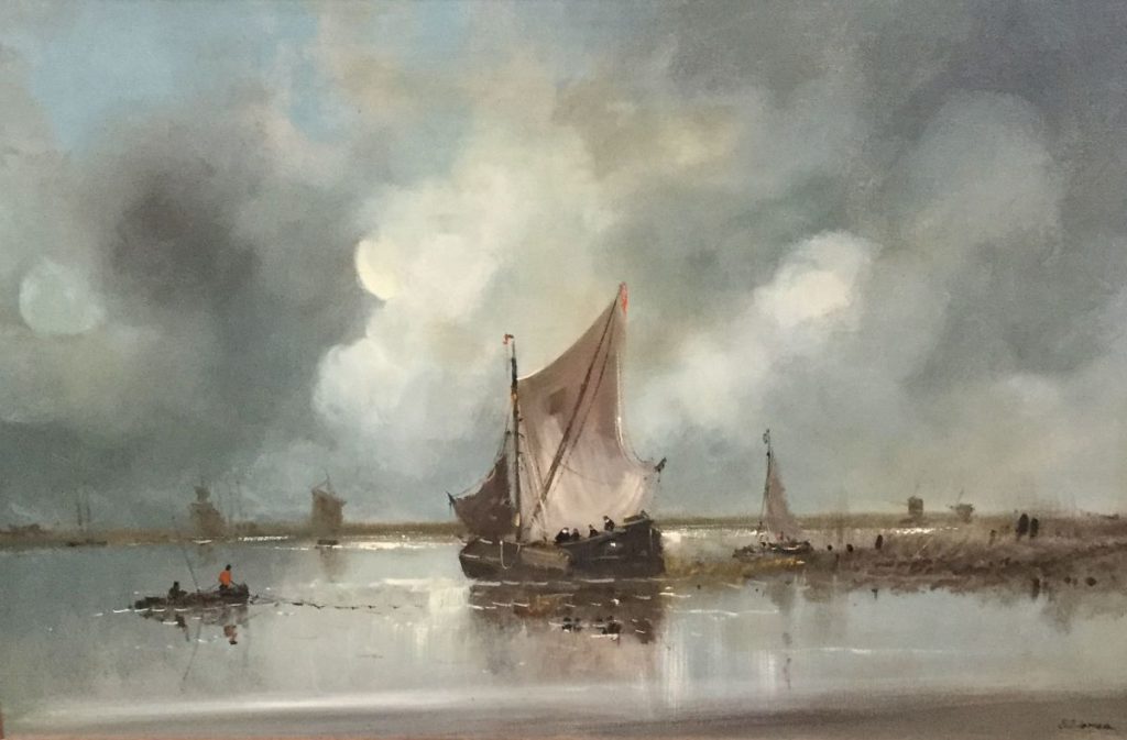 schilderijen te koop, Polderlandschap met zeilschepen olie op doek, 60 x 80 cm rechtsonder gesigneerd, expositie, galerie wijdemeren breukeleveen