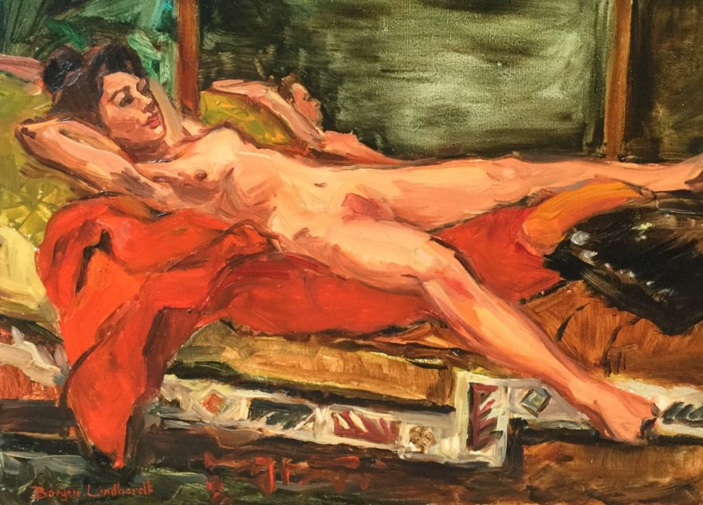 Schilderijen te koop van kunstschilder Sacha Borgen Lindhardt liggend naakt op haar rug olie op paneel, 28 x 38 cm linksonder gesigneerd, Expositie Galerie Wijdemeren Breukeleveen