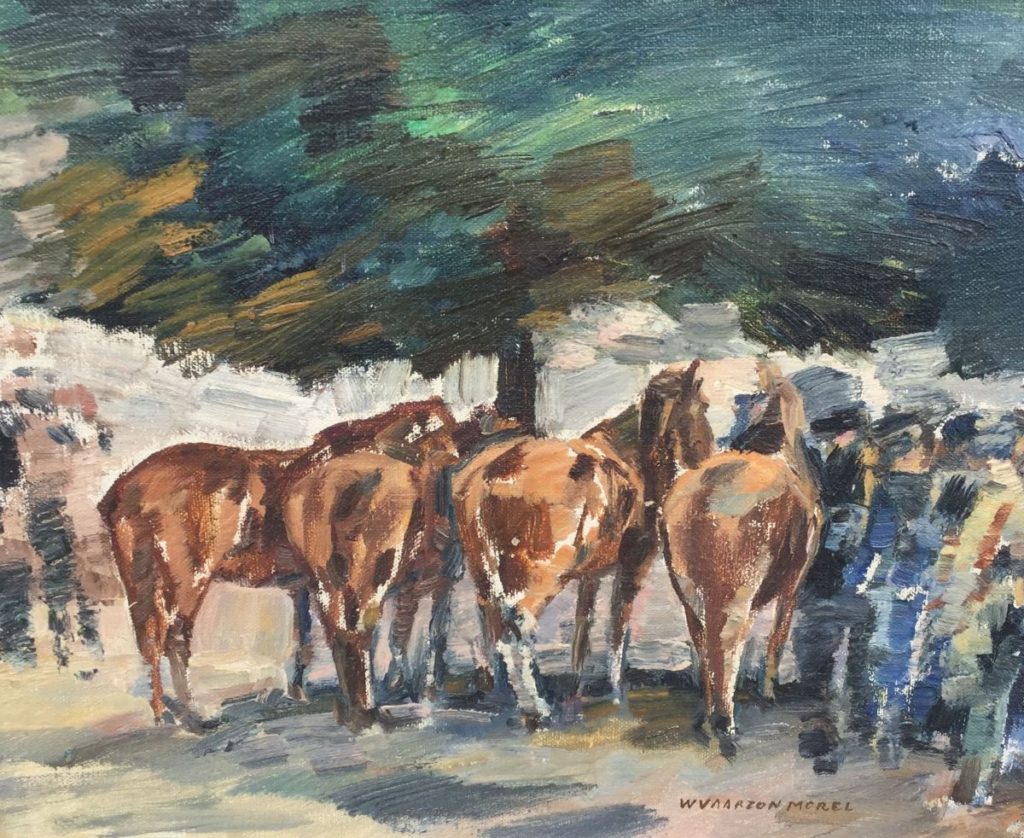 Schilderijen te koop van kunstschilder Vaarzon Morel jr. Paardenmarkt marouflé, 31 x 39 cm r.o. gesigneerd, Expositie Galerie Wijdemeren Breukeleveen