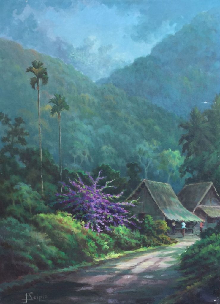 Kunst te koop bij Galerie Wijdemeren J. Scipio Indonesisch bergdorpje olie op doek, 39.5 x 30 cm linksonder gesigneerd