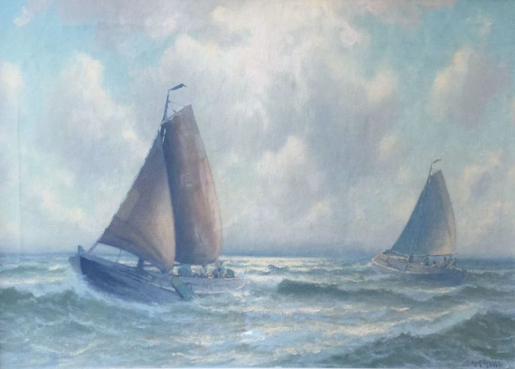 Schilderijen te koop van kunstschilder Henk Dekker Botters op zee olie op doek, 50.5 x 70.5 cm rechtsonder gesigneerd, Expositie Galerie Wijdemeren Breukeleveen