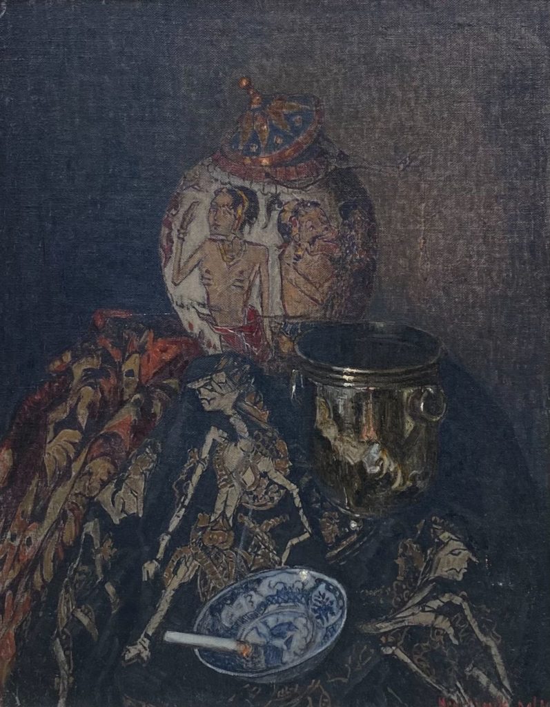 Schilderijen te koop van kunstschilderHenri van Os-Delhez Stilleven met Oosterse attributen en brandende sigaret olie op doek, 51 x 40.5 cm r.o. gesigneerd, Expositie Galerie Wijdemeren Breukeleveen