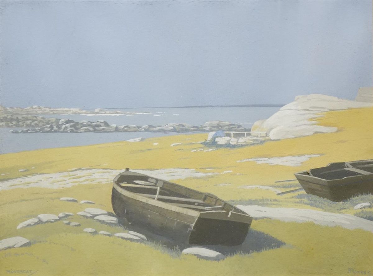 C4653A, plokker Roeibootjes op de kust bij Plouescat, gesigneerd r.o., gouache, 36 x 48 cm