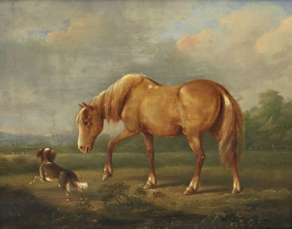 Kunstenaar  C4657-1
Romantiek, 19de eeuw
paard met jachthond in weide
olie op paneel, ongesigneerd