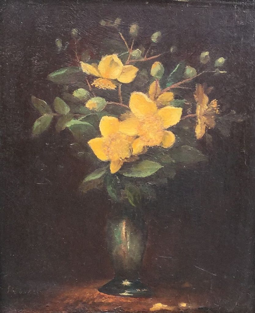 Kunstenaar  C4659-4
Stilleven met gele bloemetjes in vaas
verso: Einde Gooi, zomer 1929
olie op board, boardmaat 22,5 x 18,5 cm
rechtsonder gesigneerd