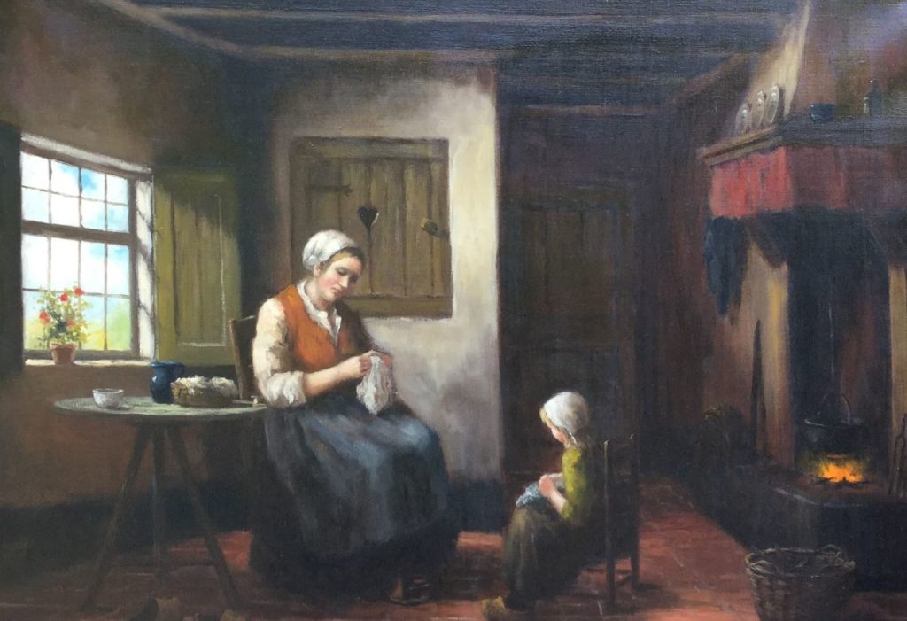 Schilderijen te koop, kunstschilder Anne Mulder interieur met moeder en kind olie op doek, doekmaat 50 x 70 cm linksonder gesigneerd, expositie Galerie Wijdemeren Breukeleveen