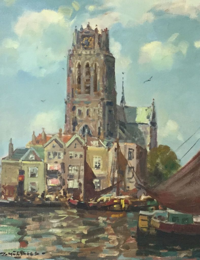 Schilderijen te koop van kunstschilder Daniël Mühlhaus Zicht op Dordrecht olie op doek, 50 x 40 cm linksonder gesigneerd, Expositie Galerie Wijdemeren Breukeleveen