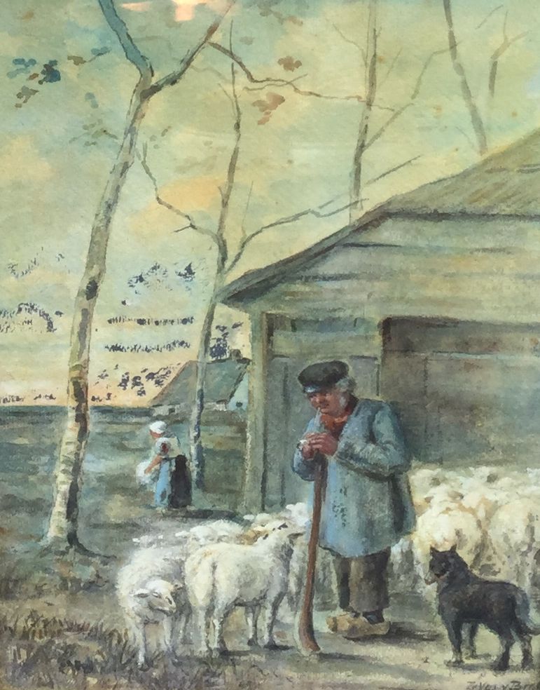 Schilderijen te koop, schaapsherder met schapen gemengde techniek op papier, beeldmaat 35 x 24 cm rechtsonder gesigneerd, expositie Galerie Wijdemeren Breukeleveen