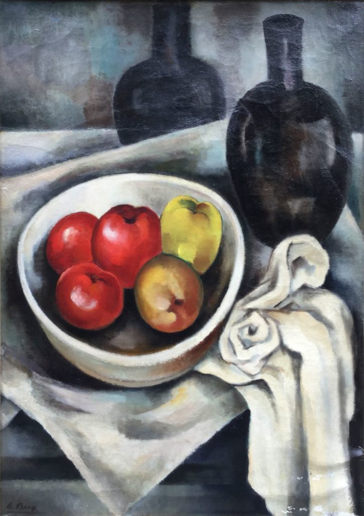 Te koop bij Galerie Wijdemeren, kunstwerken van Else Berg Stilleven met appels en fles olie op doek, 99 x 73 cm linksonder gesigneerd