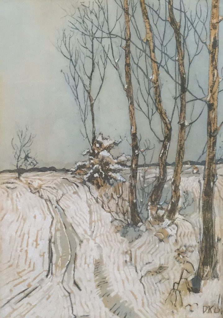 Schilderijen te koop van kunstschilder Dick Ket winters landschap gemengde techniek op papier rechtsonder gesigneerd, Expositie Galerie Wijdemeren Breukeleveen