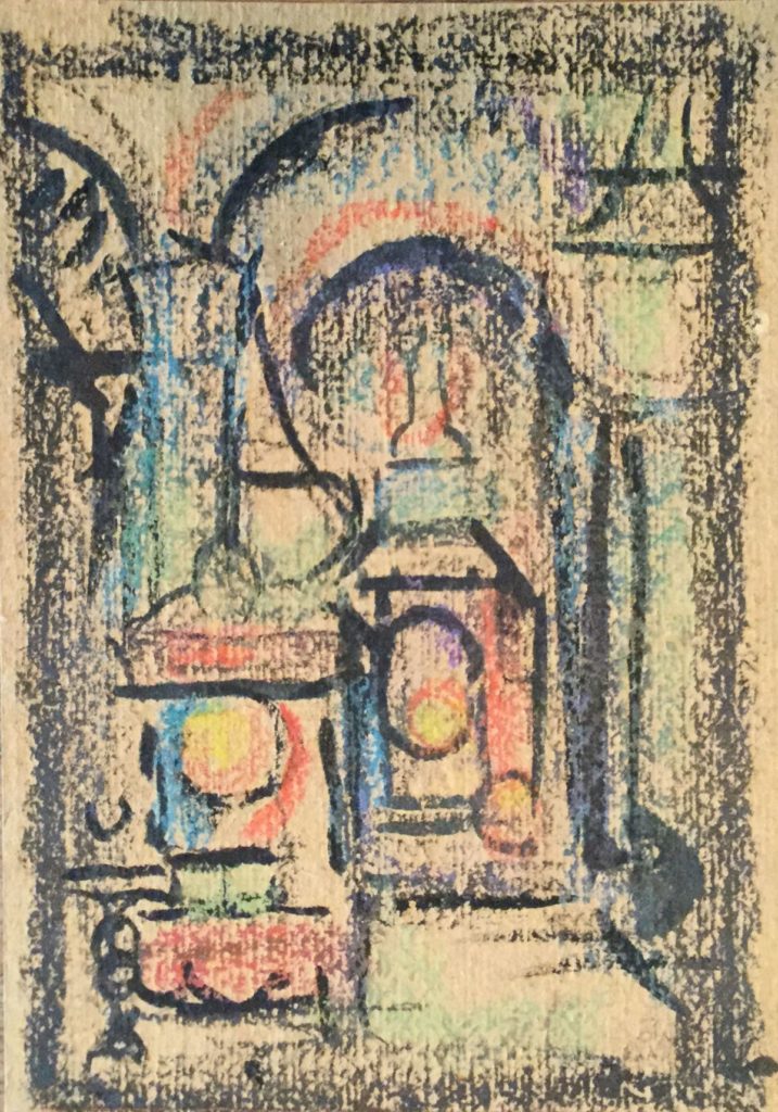 Schilderijen te koop, kunstschilder G. Huysser abstracte voorstelling krijttekening op karton beeldmaat 18 x 13 cm, expositie Galerie Wijdemeren Breukeleveen