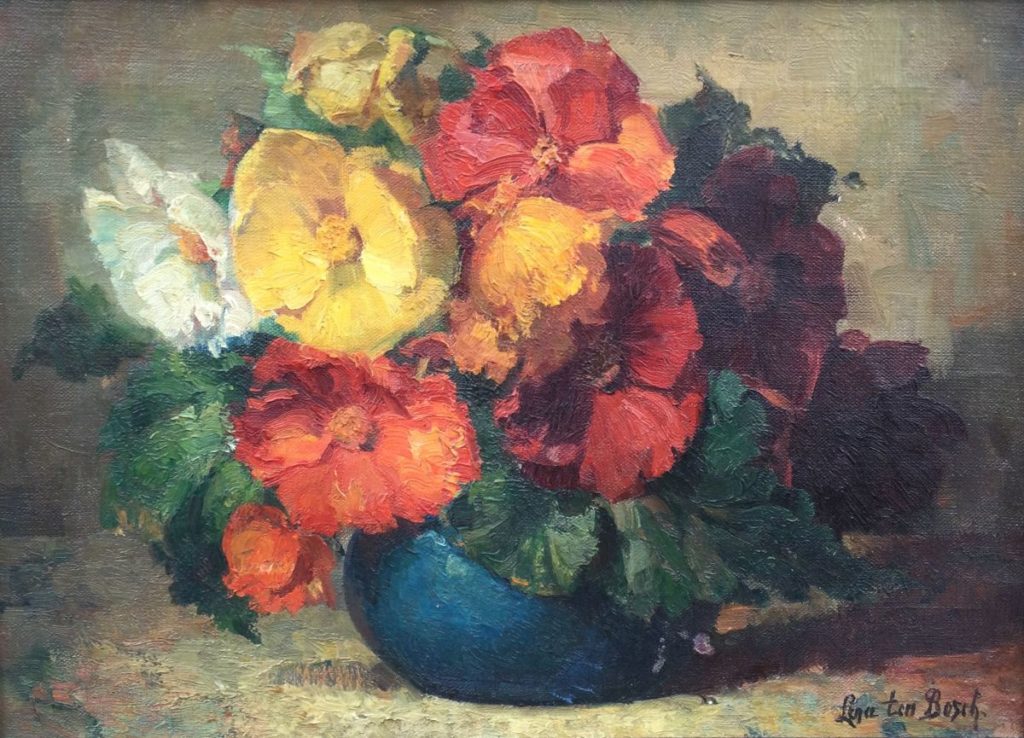 schilderijen te koop van kunstschilder Lena ten Bosch Stilleven met bloemen olie op doek, 30.5 x 40.5 cm rechtsonder gesigneerd