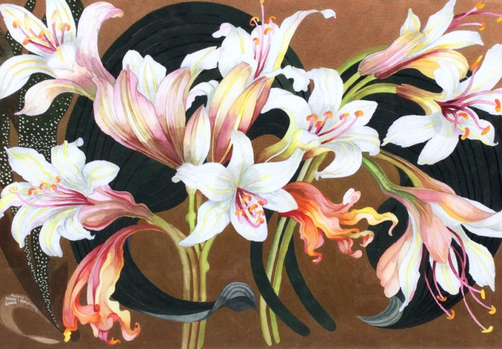 Schilderijen te koop, kunstschilder Maryna Sörska Kobulinska Magnolia's gemengde techniek op papier, beeldmaat 42.5 x 61.5 cm linksonder gesigneerd en gedateerd 2000, expositie Galerie Wijdemeren Breukeleveen