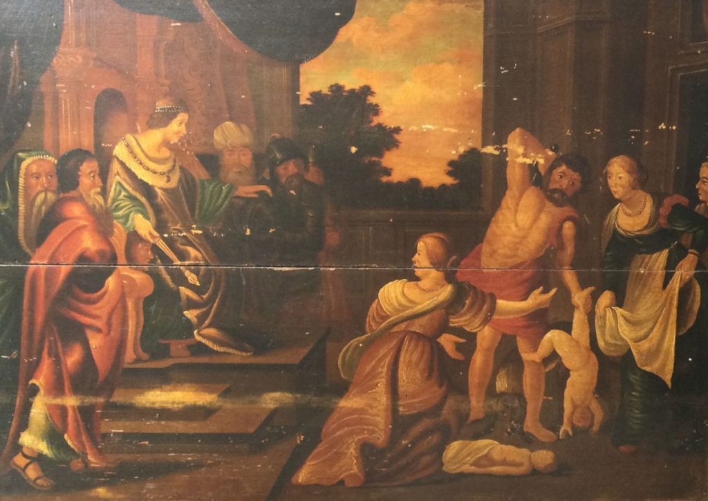 Kunst te koop bij Galerie Wijdemeren, Bijbelse voorstelling olieverf op paneel, 58 x 82 cm