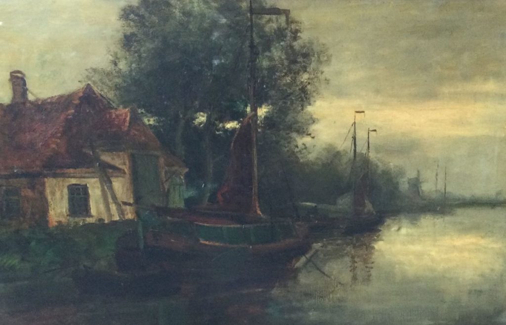 Kunst te koop bij Galerie Wijdemeren, Huisje aan het water met boten olieverf op doek, 50 x 75 cm