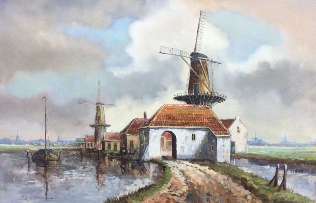 Kunst te koop bij Galerie Wijdemeren van B.H. Slotman Polderlandschap met molens olie op doek, 60 x 90 cm linksonder gesigneerd