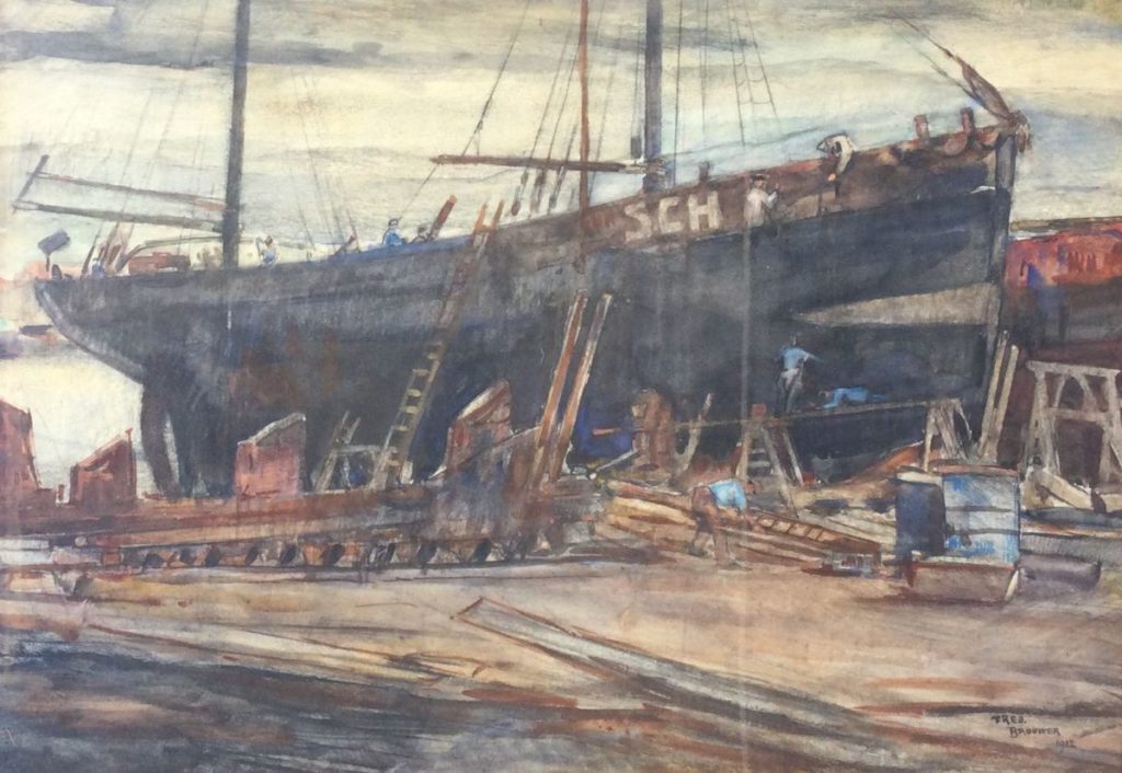 Kunst te koop bij Galerie Wijdemeren van kunstschilder Fred Brouwer Scheepswerf gemengde techniek op papier, 48.5 x 68.5 cm rechtsonder gesigneerd en gedateerd 1912